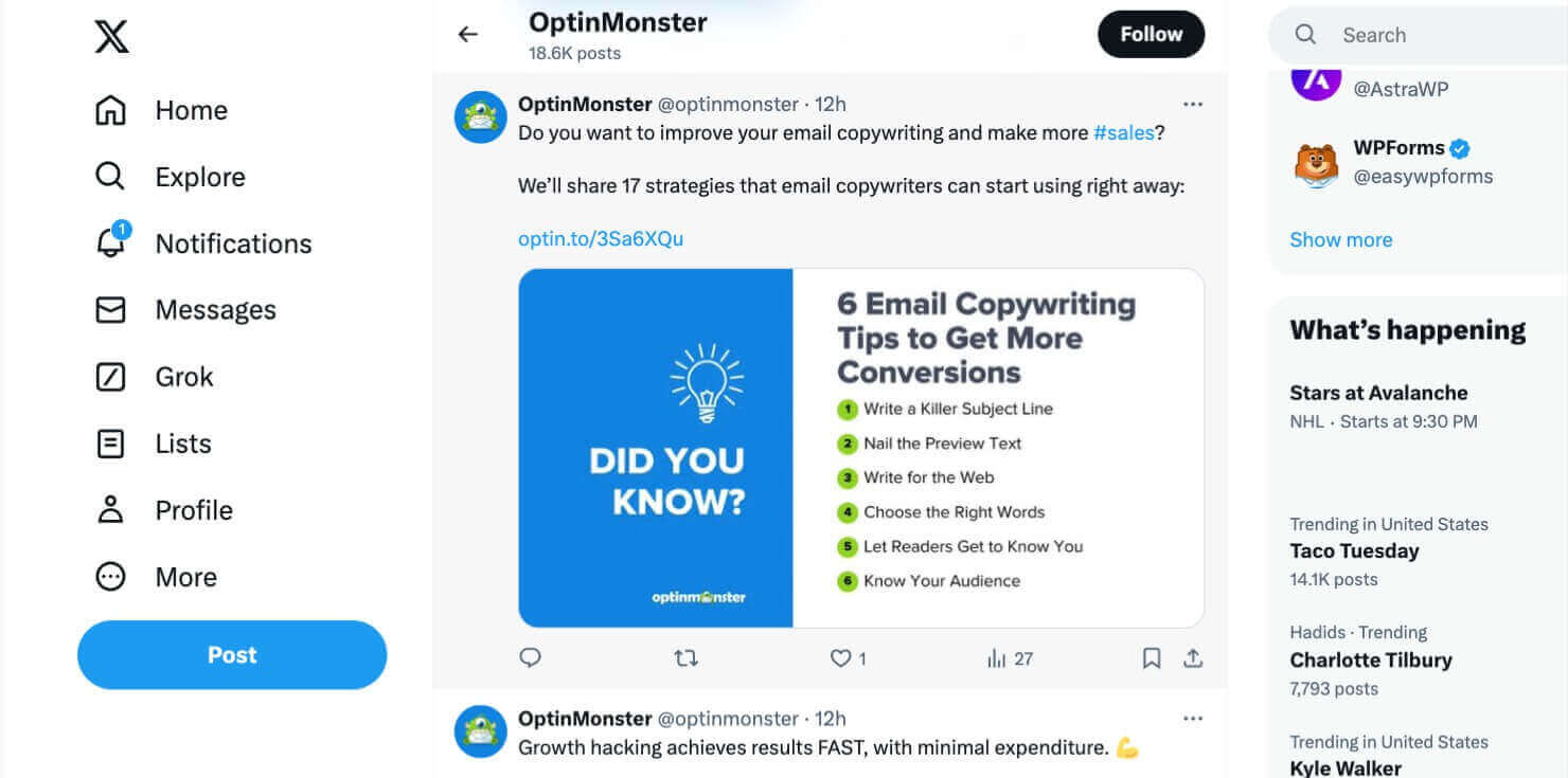 Screenshot of OptinMonster's X profile. It shows that OptinMonster regularly shares their blog posts on X.